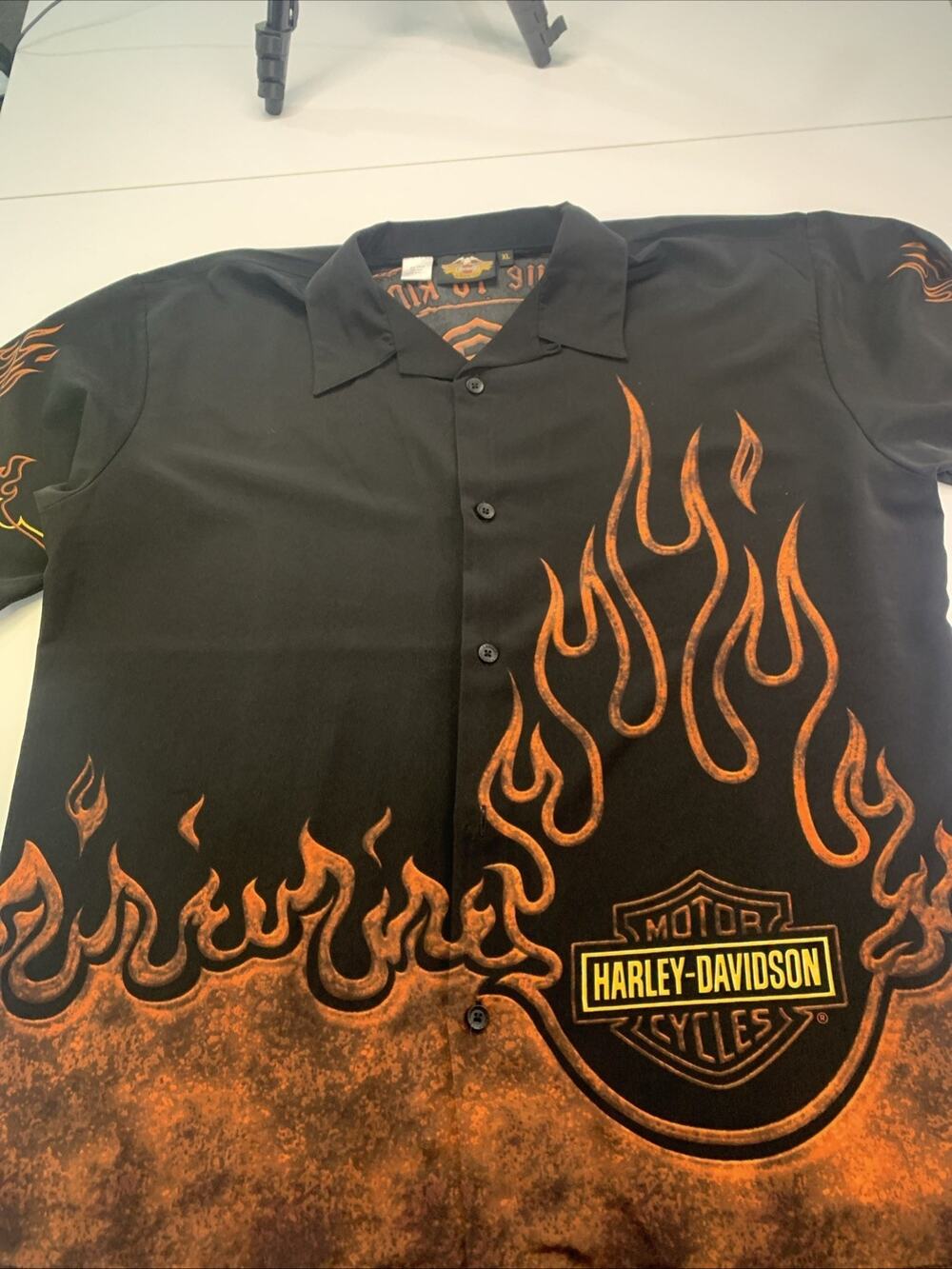 Harley Davidson Button Shirt XL orange black flame ride to live